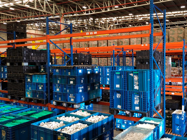 interior da fábrica com caixas cheia de produtos da muvx